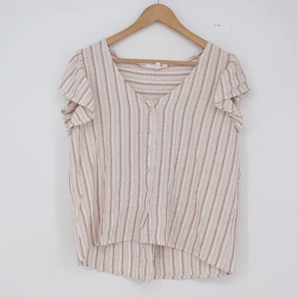 Jane + Delancey Blouse Womens M Tan Striped Flutter Sleeve Button-down Excellent - Image 2