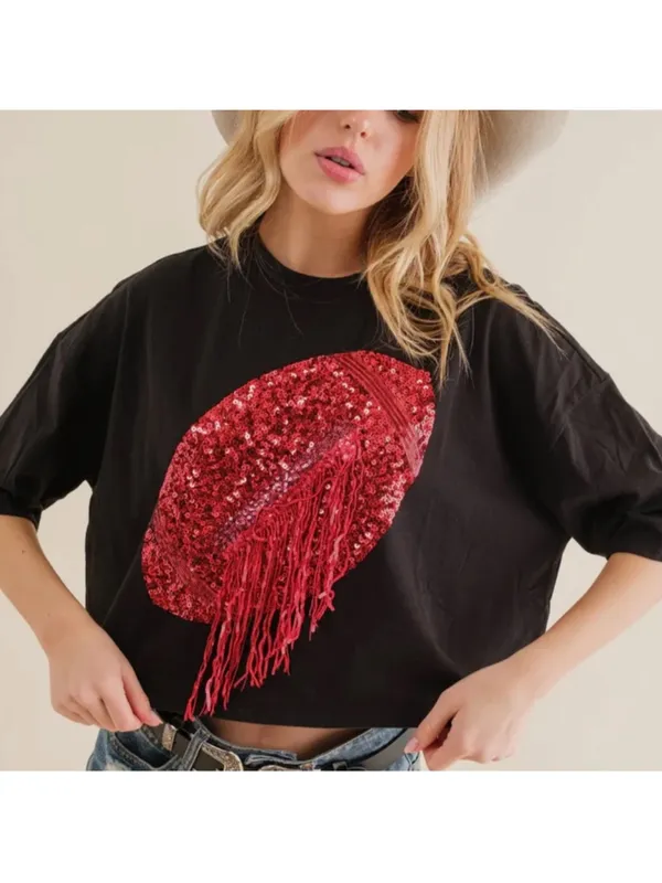 $60 NWOT Blue B. Black & Red Sequin Fringe Football Cropped T-Shirt L - Image 3