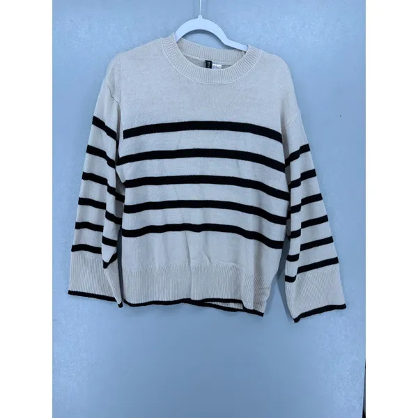 H&M Divided Women Sweater Cream Black Striped Nautical Knit Medium‎ - Image 2