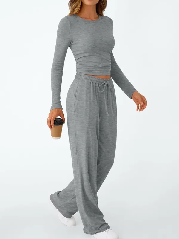 EKOUAER Woman’s Gray Wide-Leg Lounge Pant Drawstring Waist Long Sleeve Set Small - Image 3