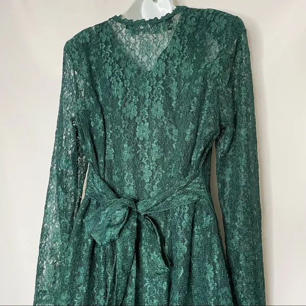Vintage Green Lace Skater Dress Keyhole‎ Long-Sleeve Tie-Back Bow Christmas - Image 4