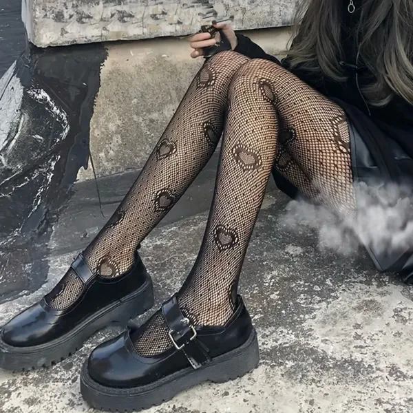 Heart Print Mesh Tights Black Sexy Cut Out High Waist Fishnet Pantyhose One Size - Image 3