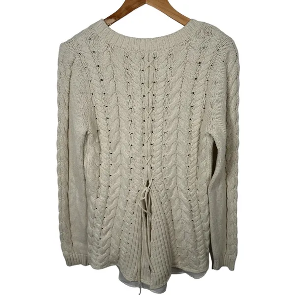 Cabi Womens Sweater‎ Small Cable Knit Corset Tie Back Style 3157 Ivory Cream - Image 4