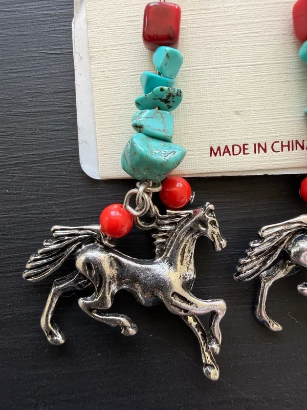 Silver Western Cowgirl Horse Drop Earrings with Turquoise and Coral Stone Beads - Image 3