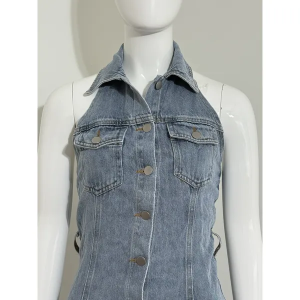NWT Lulus Denim Buttons Mini Dress Halter Open Back Y2K Women’s XS - Image 2