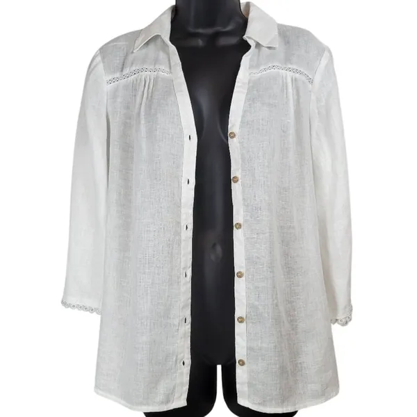 Vince Camuto White Linen Blend 3/4 Sleeve Button Down Top Womens‎ Size S - Image 4