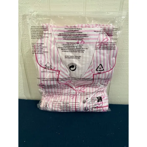 NIB- Pink Stripe Bow Print Pajama Set Short Sleeve Button Up Shorts- Large - Image 3