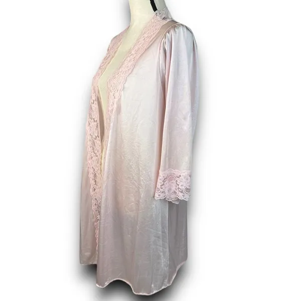 Vintage Avon Style Pink Satin Nylon Open Lace Trim Robe Midi Length Small Medium - Image 2
