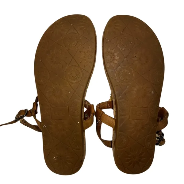UGG Women Brown Leather Cork Footbed Medallion Thong Ankle Strap Sandals 8 - Image 10