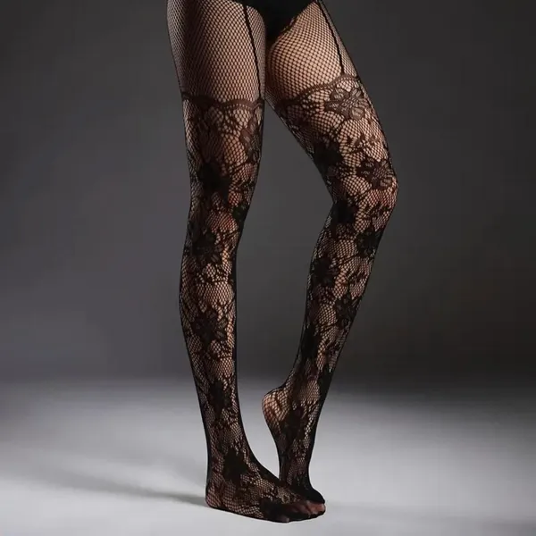 Black Floral Lace Fishnet Tights, Hot Elastic High Waist Pantyhose, Women's Stockings & Hosiery One Size 85% Polyamide 15% Elastane 7650219440+5 - Image 8
