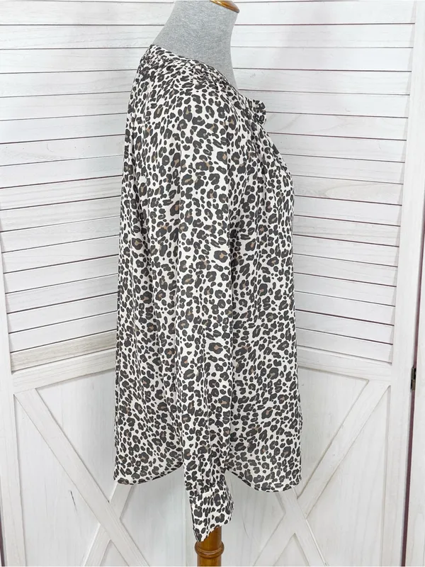 Loft Leopard Print Gathered Neck Button Up Blouse Cream Tan Large Long Sleeve - Image 3