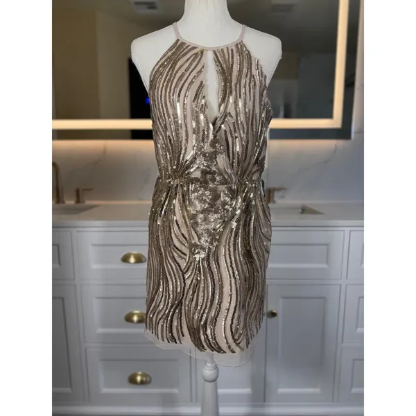 Sugar + Lip2 Sequin Mini Dress S Gold Champagne Cold Shoulder Keyhole Cocktail - Image 3