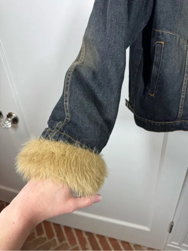 VTG Y2k Denim Jean Coat Womens M Chunky Fur 90s Bratz Retro Lizzy McGuire Boho - Image 3