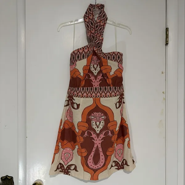 Soul of Mu Halter Mini Dress Beige Salmon Geometric Floral Linen Blend Large NEW - Image 4