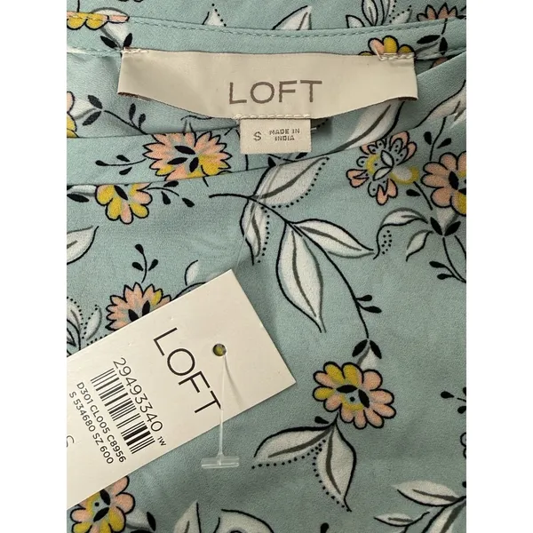 Loft Aqua Floral Print Mixed Media Blouse‎ Women Small Pleated Back Career Party - Image 8