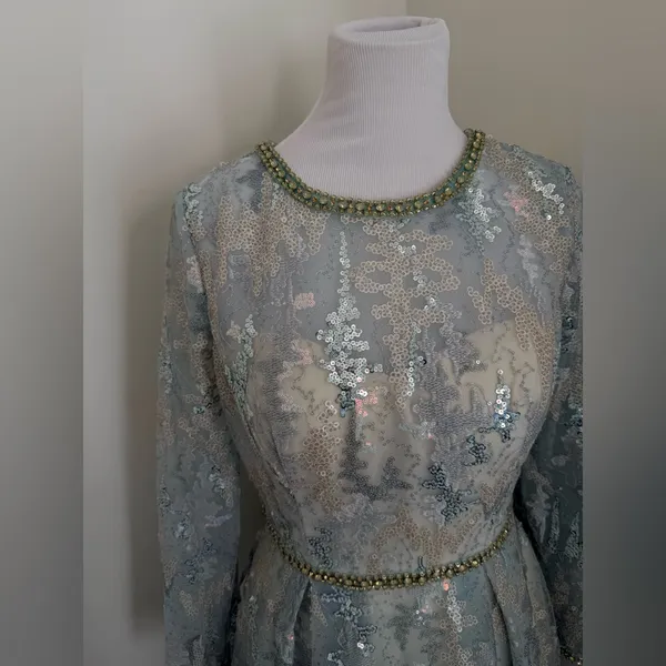 NWT Mac Duggal Long Sleeve Embellished Mesh Gown in Platinum 12460 Sz 8 Wedding - Image 8