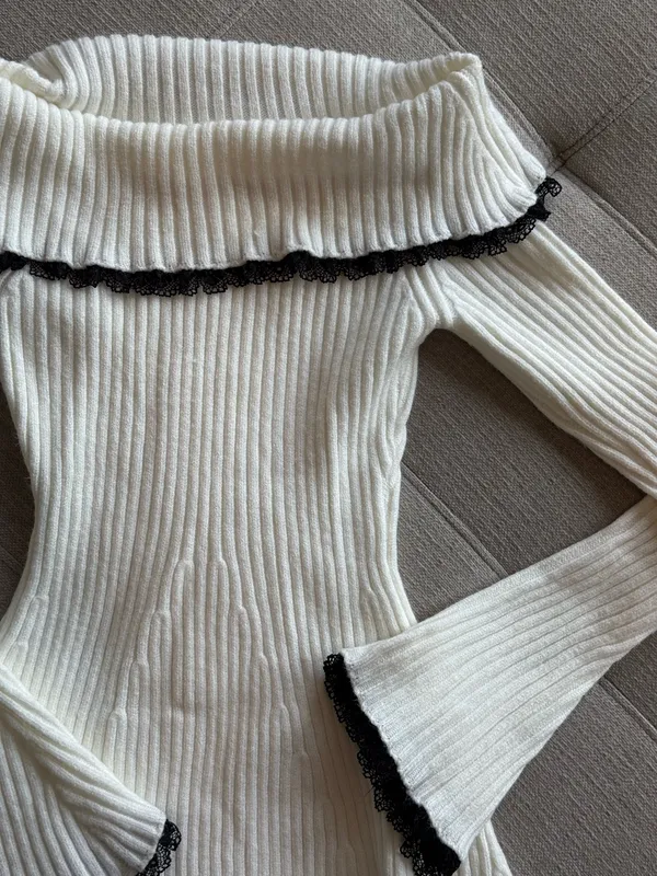 SheIn White and Black Lace Sweater Dress - Image 3