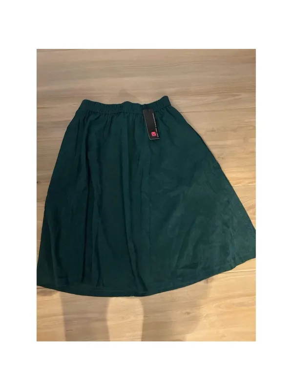 NEW Corduroy Elastic High Waisted Flare A-Line Midi Skirt Pockets L - Image 2