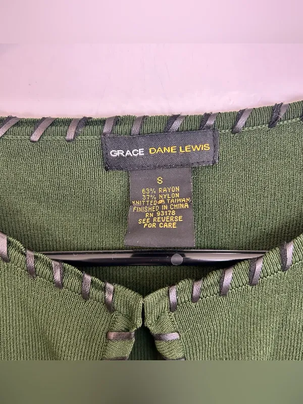 Grace Dane Lewis Green Knit Cardigan w/ Faux Black Leather Trim Frankenstein S - Image 4