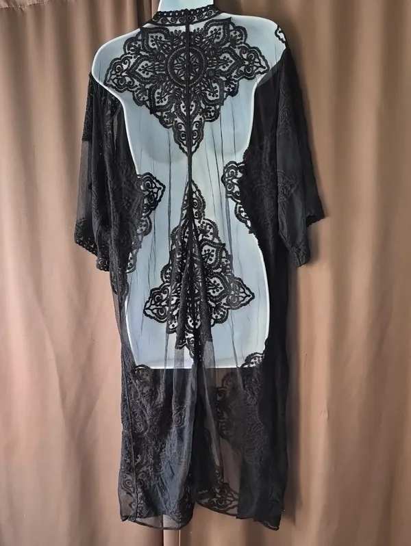 Black Sheer Boho Pullover Lace Kimono Robe Womens Top Flowy Sku 0010 - Image 5