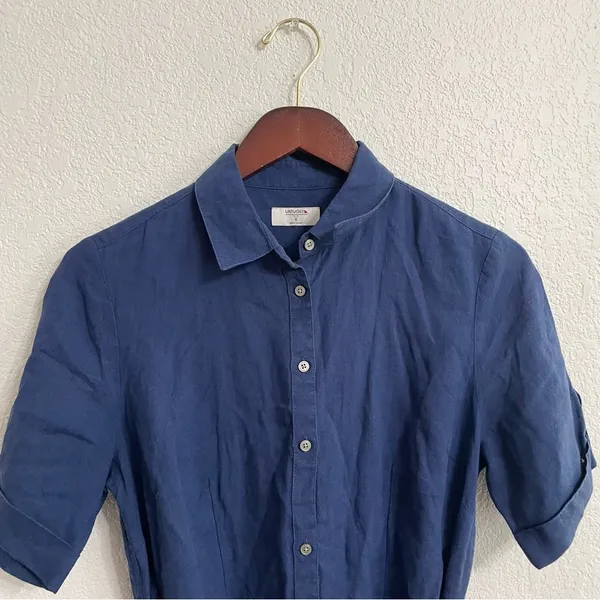 Untuckit Womens Dress Blue Button Front Belted Linen Short Sleeve Size 6 - Image 4