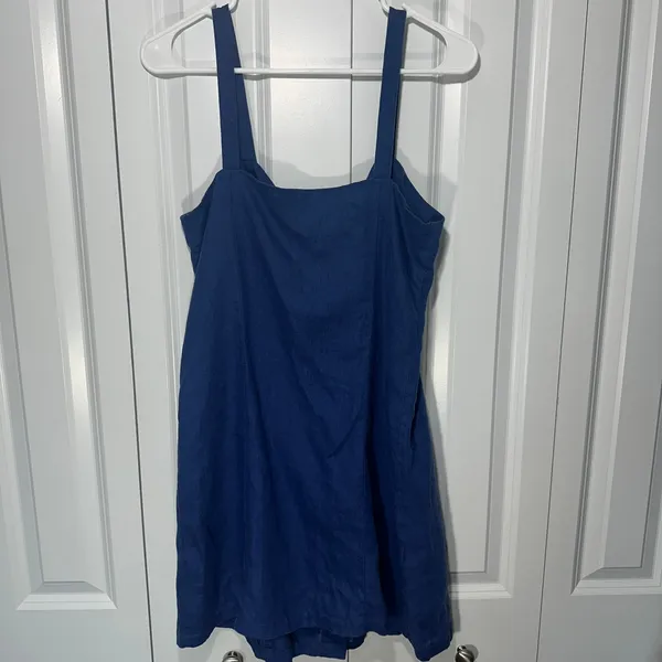 Zara Mini Dress Womens M Blue 100% Linen Button Front Sleeveless Sundress V Neck - Image 5
