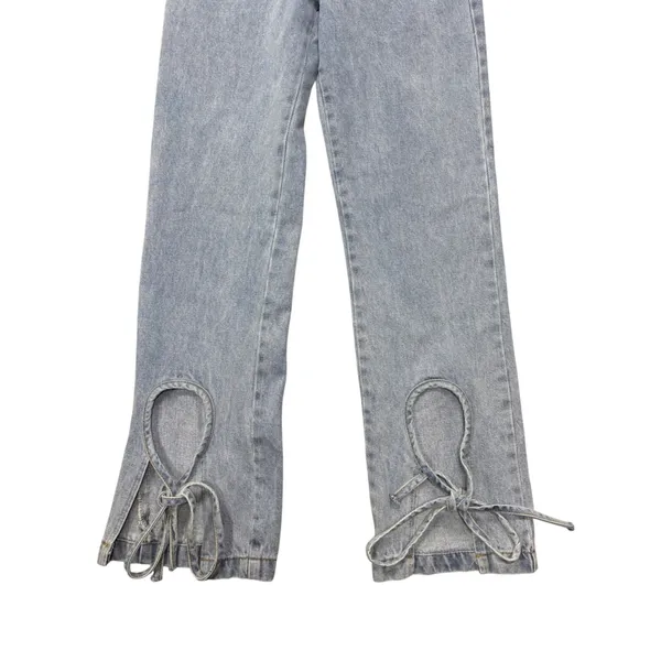 12th Tribe Jeans Small Sofia Light Wash Ankle Tie Cutout Straight Leg Denim - Image 3
