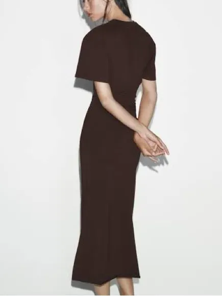 Zara Dark Brown Ruched side Short-Sleeve Maxi Dress NWT large Classic modern - Image 8