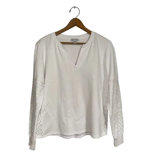 Tribal‎ Womens White Eyelet Lace Sleeve Split V-Neck French Terry Sweatshirt XS - Image 2