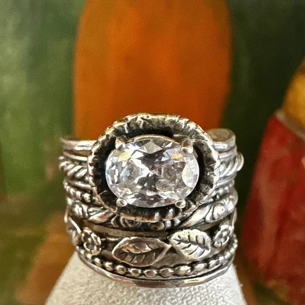 Sterling Silver Israel Wide Band Leaf Ring w/ CZ - Image 5