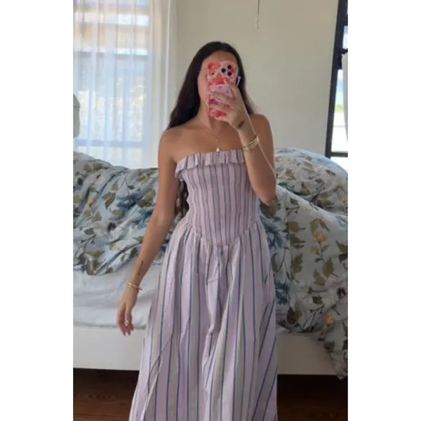 ABERCROMBIE & FITCH Sydney Smocked Strapless Midi Dress Purple Stripe Size XXS - Image 2