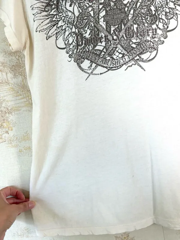 Y2K Harley-Davidson Cream White Studded Wing Embellished Biker Motorcycle Tee L - Image 7