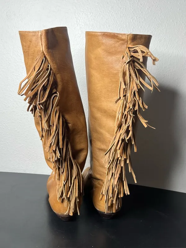 Vintage Zodiac Camel Brown Leather Fringe Trim Tall Boots Western Boho Cowgirl - Image 7