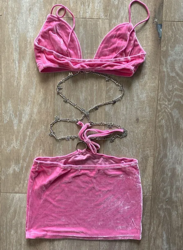 Pink velour butterfly chain bodycon cut out halter dress S NEW - Image 4