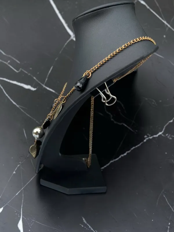 Whimsygoth Gold Leaf & Black Teardrop Charm Necklace Silver Orb Pendant - Image 3