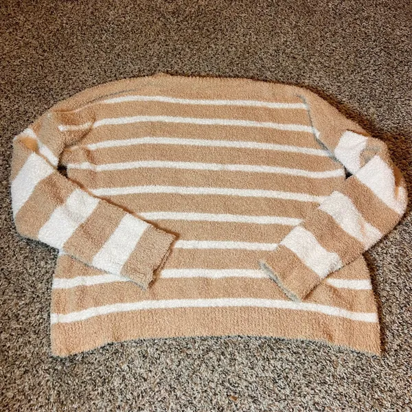 Pink Lily Medium Striped Fuzzy Pullover Sweater Tan‎ Cream Comfy Soft - Image 5