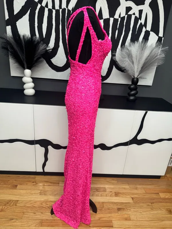 Sherri Hill 54330 Neon Pink Sequin One Shoulder Gown High Slit Women's Dress - Image 5