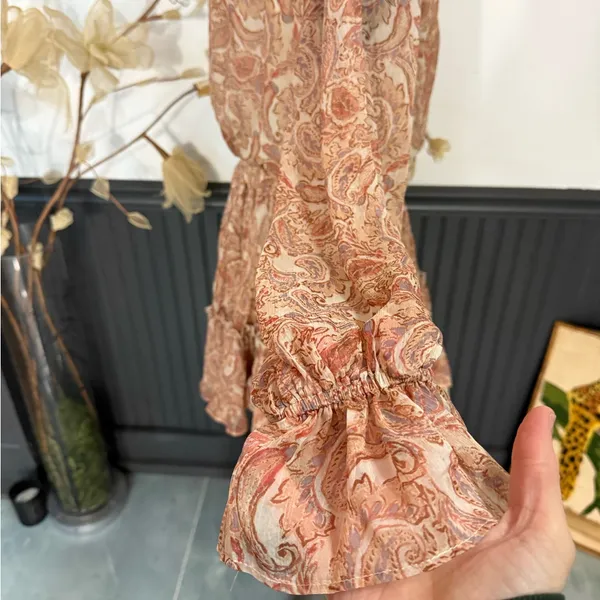 FATE Paisley Smocked Ruffle Neck Balloon Sleeve Flounce Mini Dress Sz S🧡🍄 - Image 6