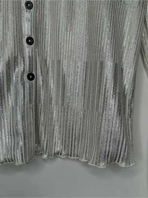 Pilcro Anthropologie Andie Silver Shimmer Ribbed Cardigan Sweater Size M - Image 5