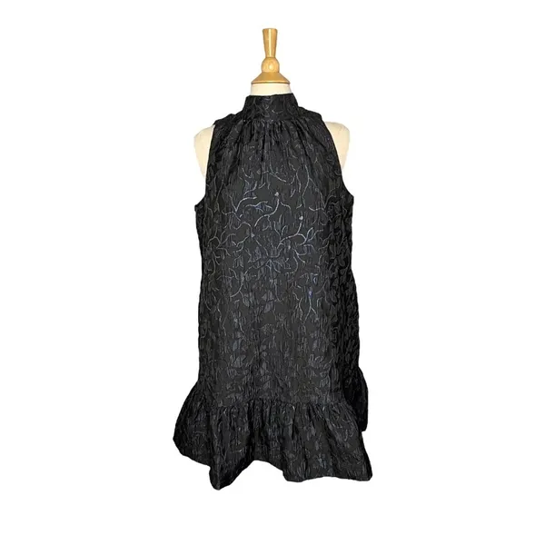 Scoop Mini Dress Women Large Black Blue Metallic‎ Floral Jacquard Mock Neck Tie - Image 5