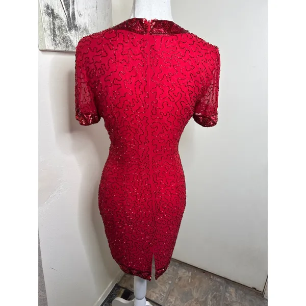 Vintage 80s AJ Bari Beaded Silk Cocktail Dress Red Sheath Petite 6 Holiday Prom - Image 5