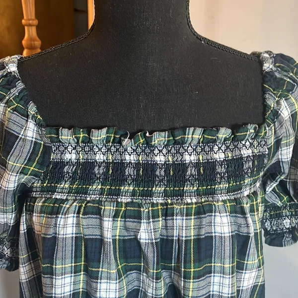 AMERICAN EAGLE plaid smocked puff sleeve babydoll‎ dress S NEW - Image 2