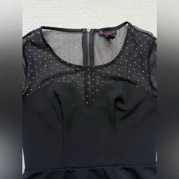 Material Girl Top Black Peplum Blouse Sz S Mesh SL Ruffle Bottom - Holiday - Image 3