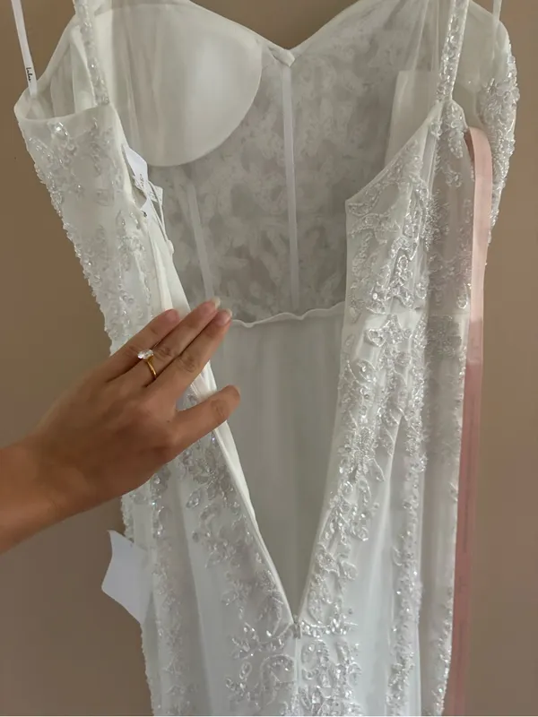 Lulus Momentous Love White Beaded Bustier Mesh Mermaid Maxi Dress Size Medium - Image 10