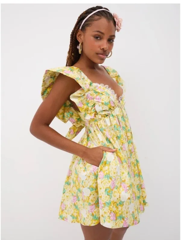 NWT For Love & Lemons Tamra Yellow Floral Dress - Image 3