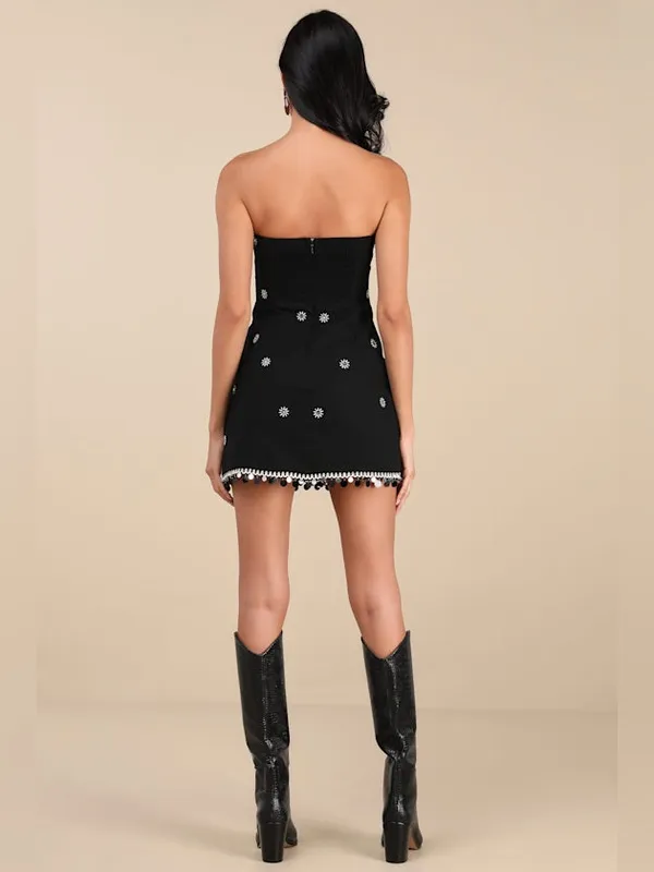 Lulus Carlijn Black Embroidered Paillette Sequin Strapless Mini Dress Size XS - Image 3