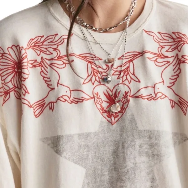 Free People We The Free Fly By Long Sleeve Tshirt Ivory Combo Star Embroidered M - Image 2