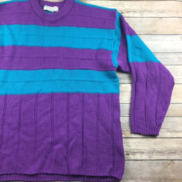 Vintage Blue & Purple Stripe Knit Pullover Preppy Sweater Color Block - Image 2