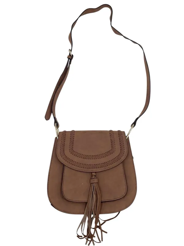 Franco Sarto Tan Faux Suede Leather Crossbody Saddle Bag Purse Fringe Boho - Image 2