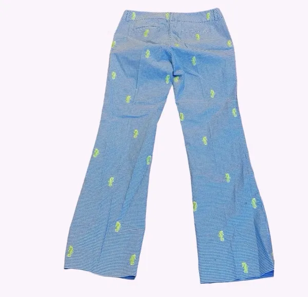 J.Crew Blue White Gingham Lime Green Embroidered Seahorse Pants Lightweight 8 - Image 4